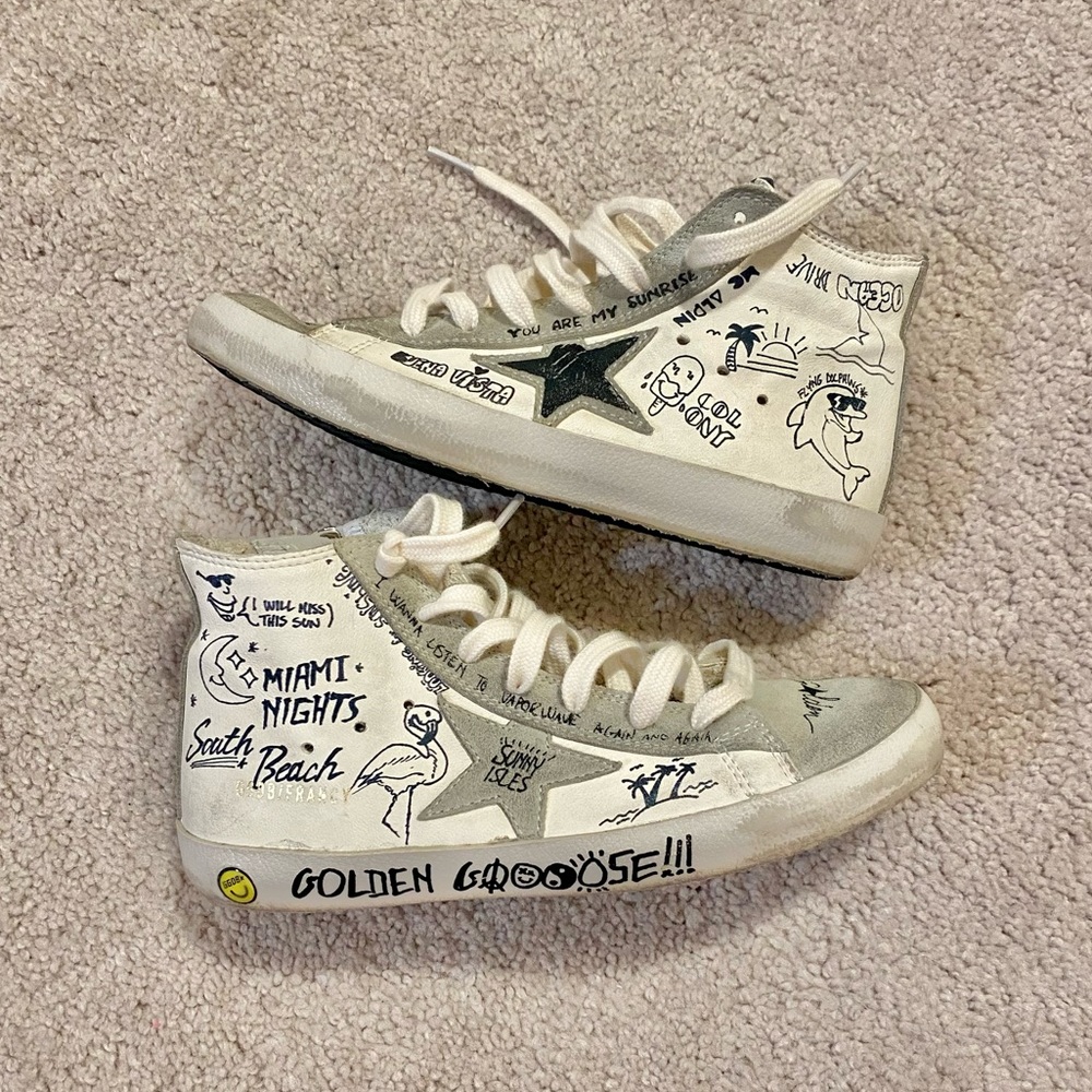 Golden Goose GGDB Francy High Top Sneakers Authentic Kids 34 White Grey Drawings